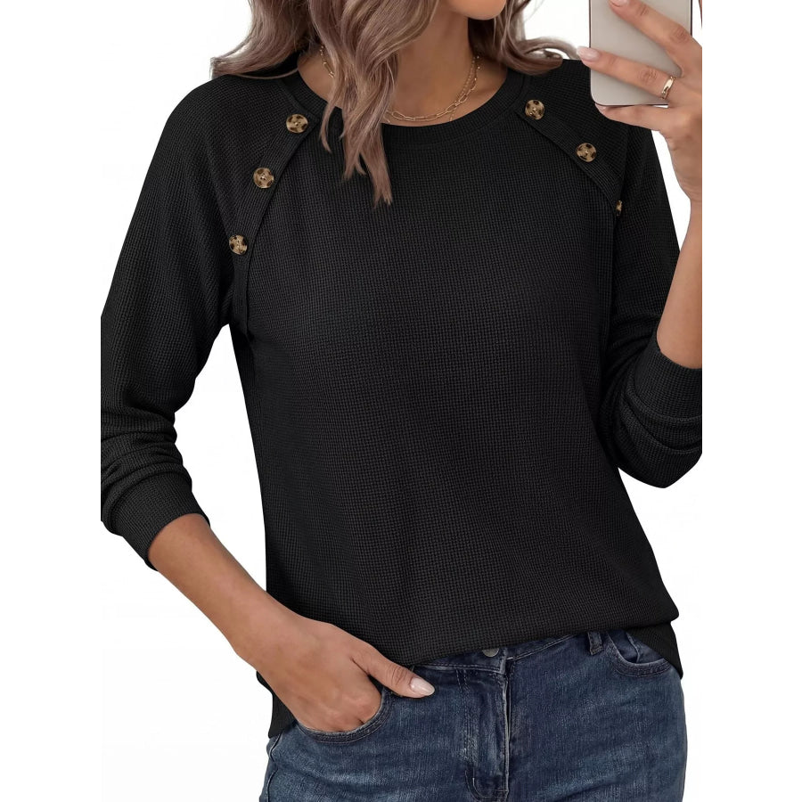 Decorative Button Waffle Knit Long Sleeve T-Shirt Black / S Apparel and Accessories