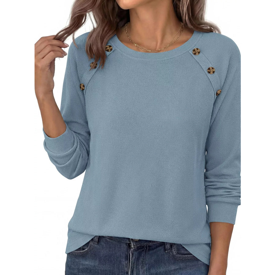 Decorative Button Waffle Knit Long Sleeve T-Shirt Blue / S Apparel and Accessories