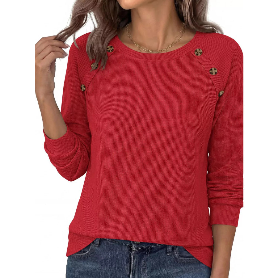 Decorative Button Waffle Knit Long Sleeve T-Shirt Red / S Apparel and Accessories