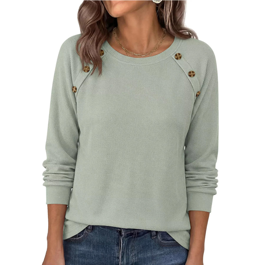 Decorative Button Waffle Knit Long Sleeve T-Shirt Sage / S Apparel and Accessories