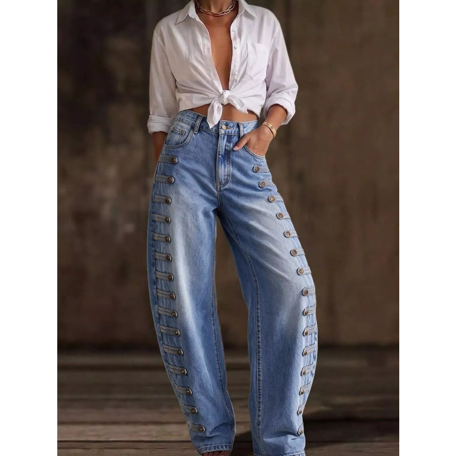 Decorative Button Wide Leg Jeans Apparel and Accessories