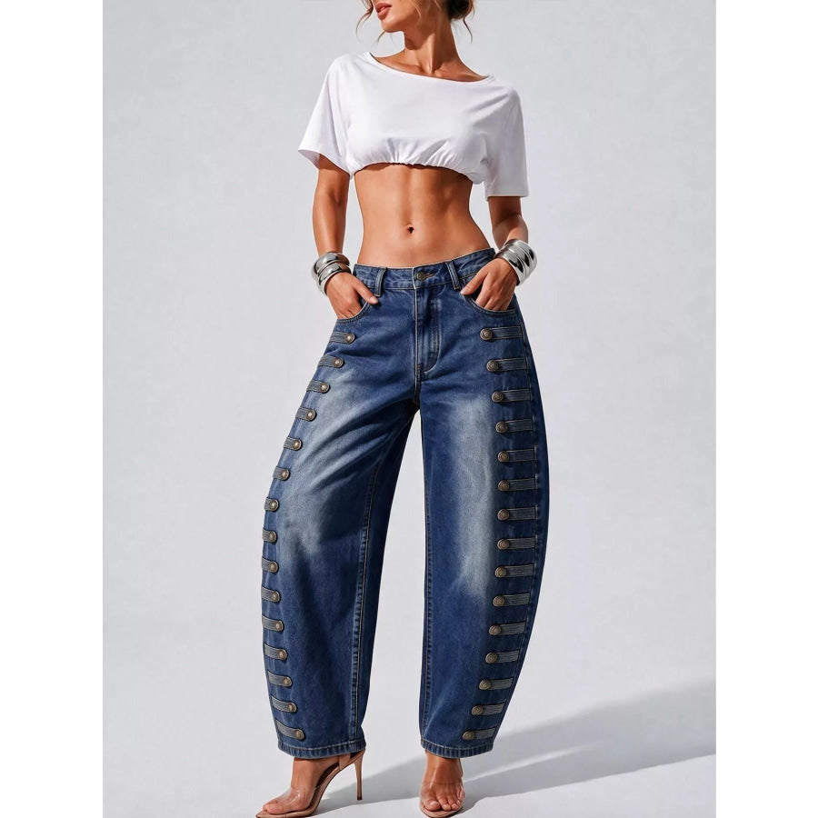 Decorative Button Wide Leg Jeans Apparel and Accessories