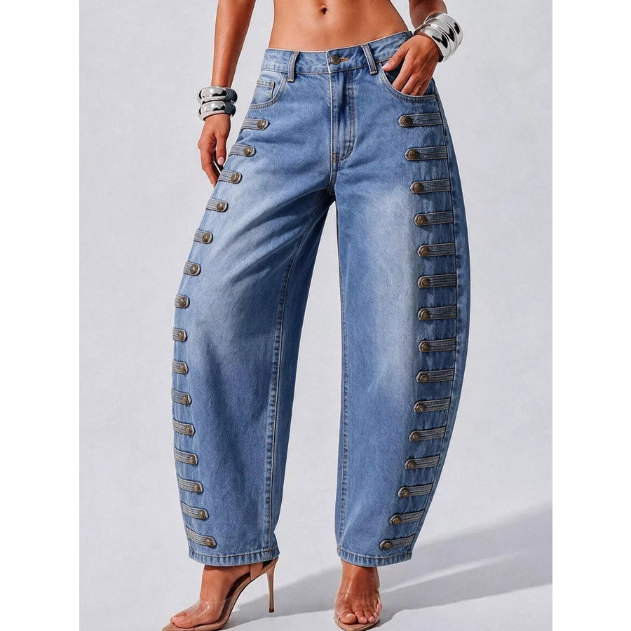 Decorative Button Wide Leg Jeans Apparel and Accessories