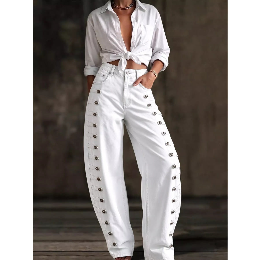 Decorative Button Wide Leg Jeans Apparel and Accessories