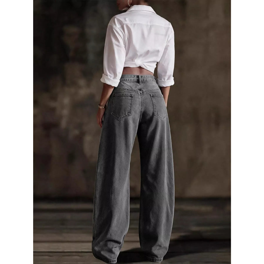 Decorative Button Wide Leg Jeans Apparel and Accessories