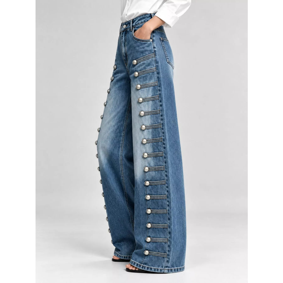 Decorative Button Wide-Leg Jeans Apparel and Accessories
