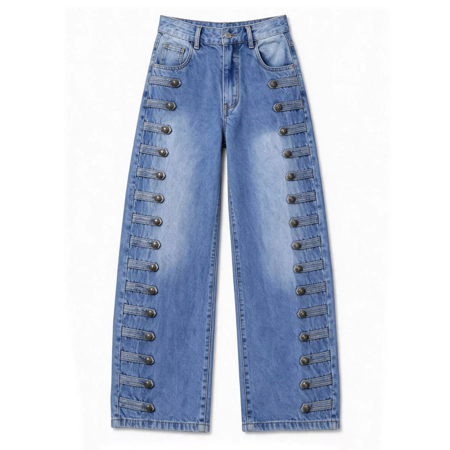 Decorative Button Wide Leg Jeans Apparel and Accessories