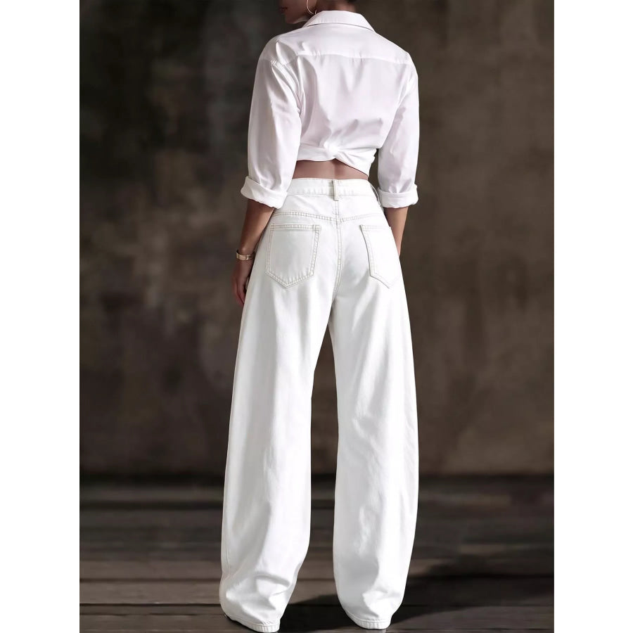 Decorative Button Wide Leg Jeans Apparel and Accessories