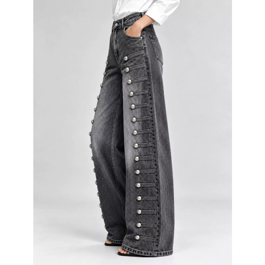 Decorative Button Wide-Leg Jeans Apparel and Accessories
