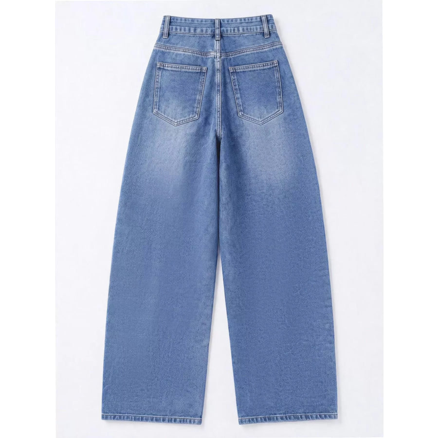 Decorative Button Wide Leg Jeans Apparel and Accessories