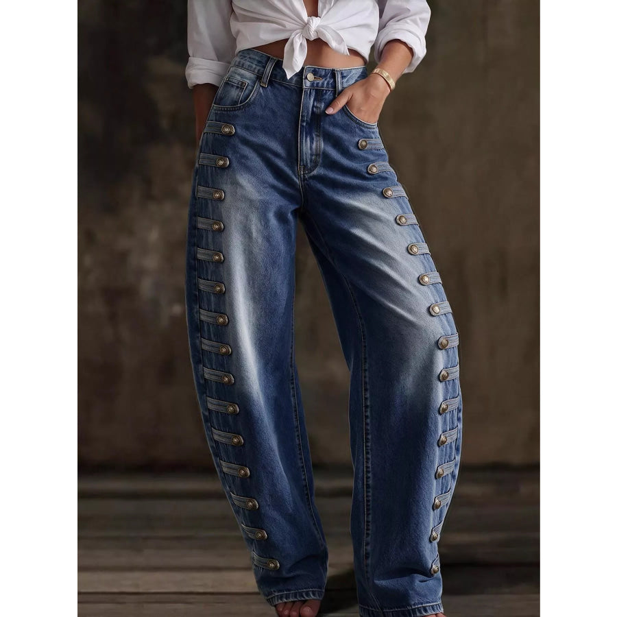 Decorative Button Wide Leg Jeans Apparel and Accessories