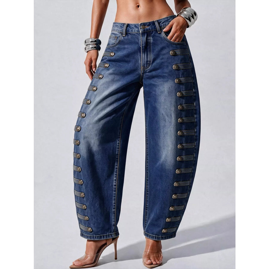Decorative Button Wide Leg Jeans Apparel and Accessories