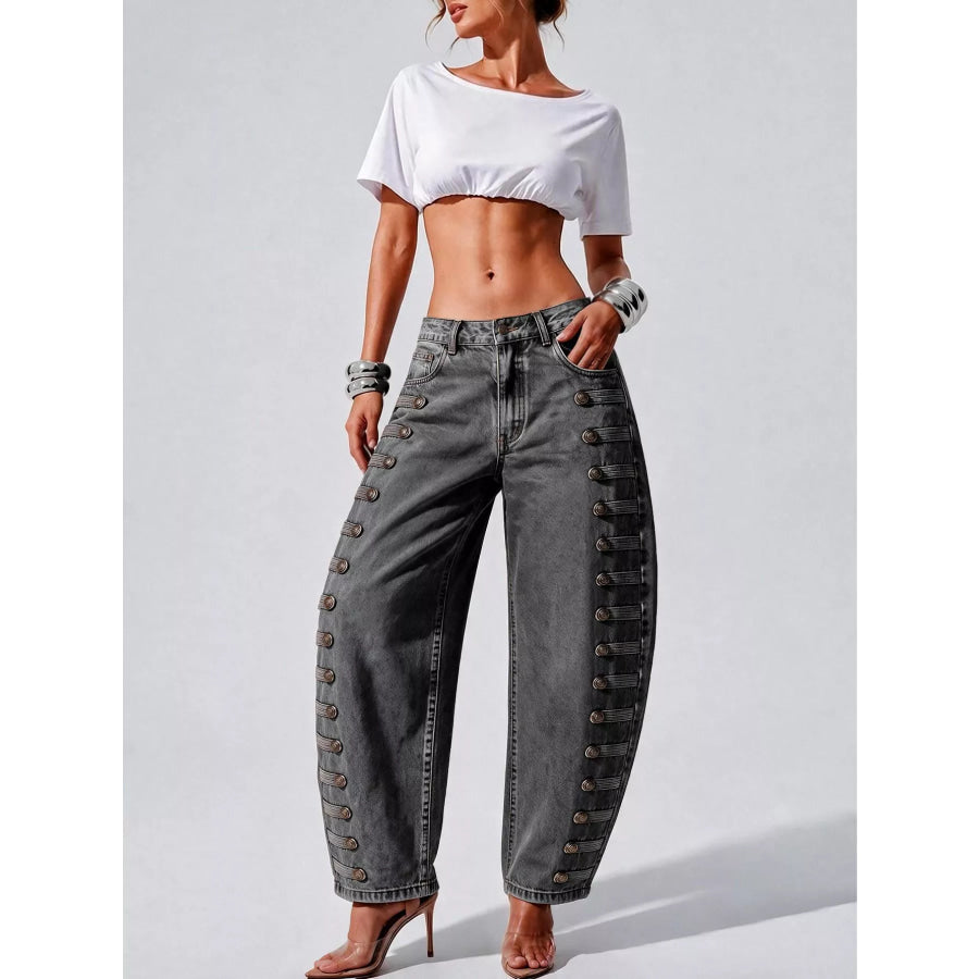 Decorative Button Wide Leg Jeans Apparel and Accessories