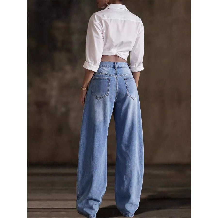 Decorative Button Wide Leg Jeans Apparel and Accessories