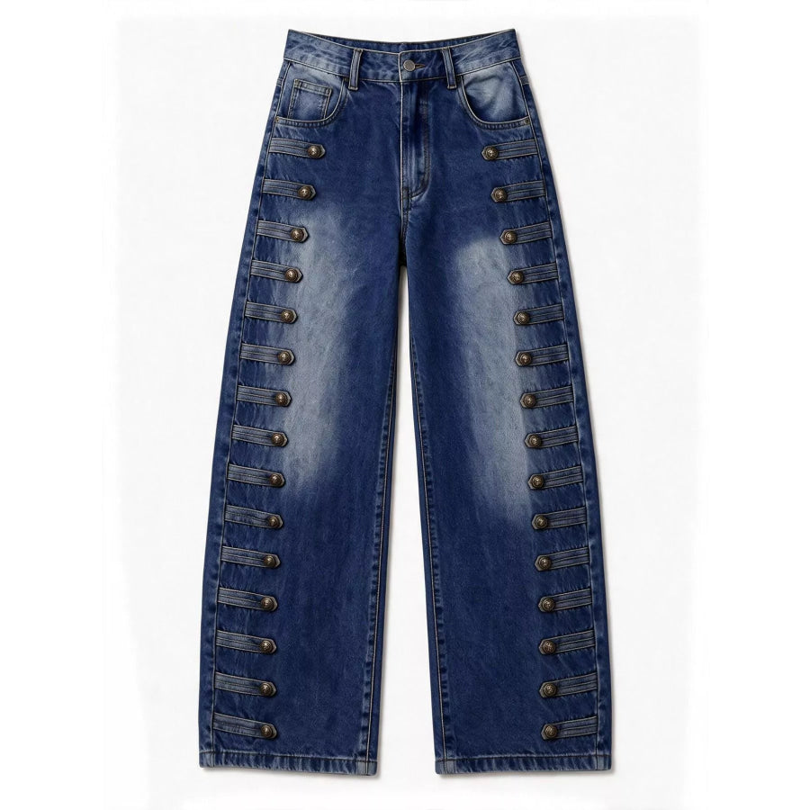 Decorative Button Wide Leg Jeans Apparel and Accessories