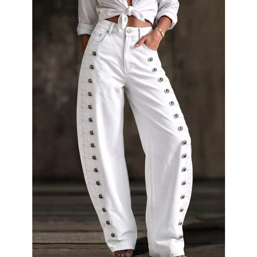 Decorative Button Wide Leg Jeans Apparel and Accessories