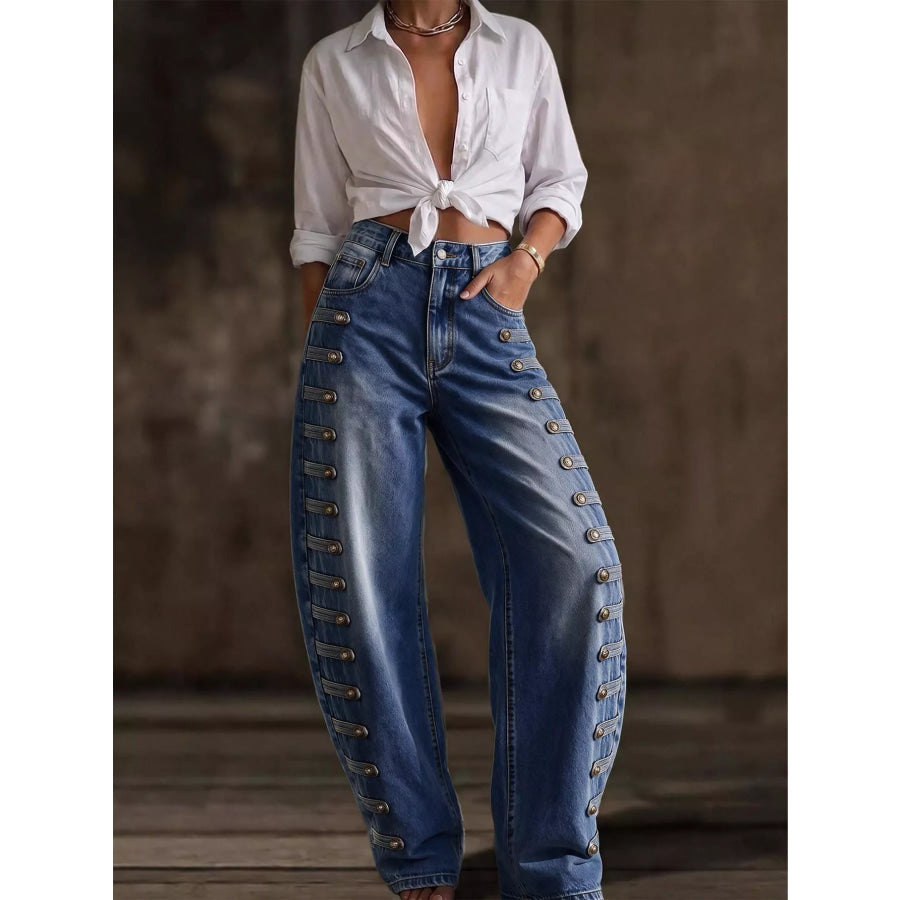 Decorative Button Wide Leg Jeans Apparel and Accessories