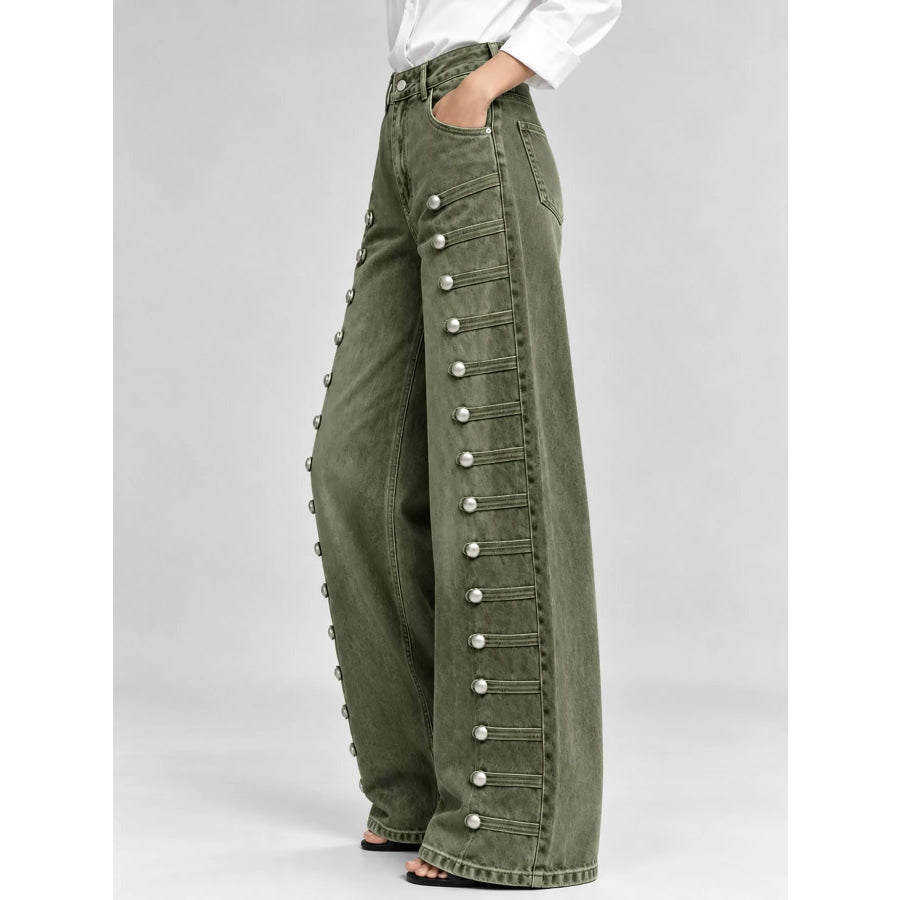 Decorative Button Wide-Leg Jeans Apparel and Accessories