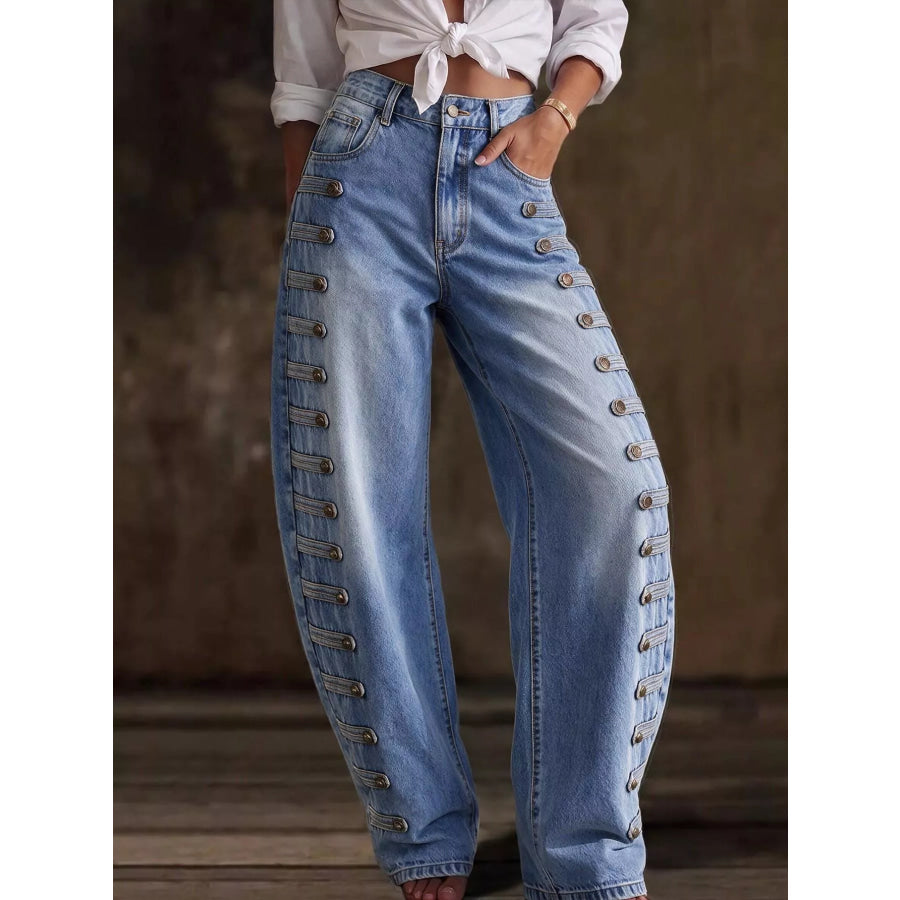 Decorative Button Wide Leg Jeans Apparel and Accessories
