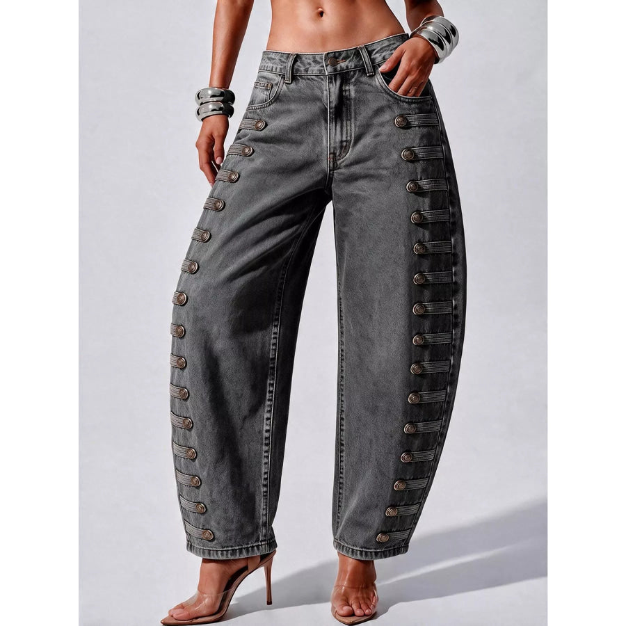 Decorative Button Wide Leg Jeans Apparel and Accessories
