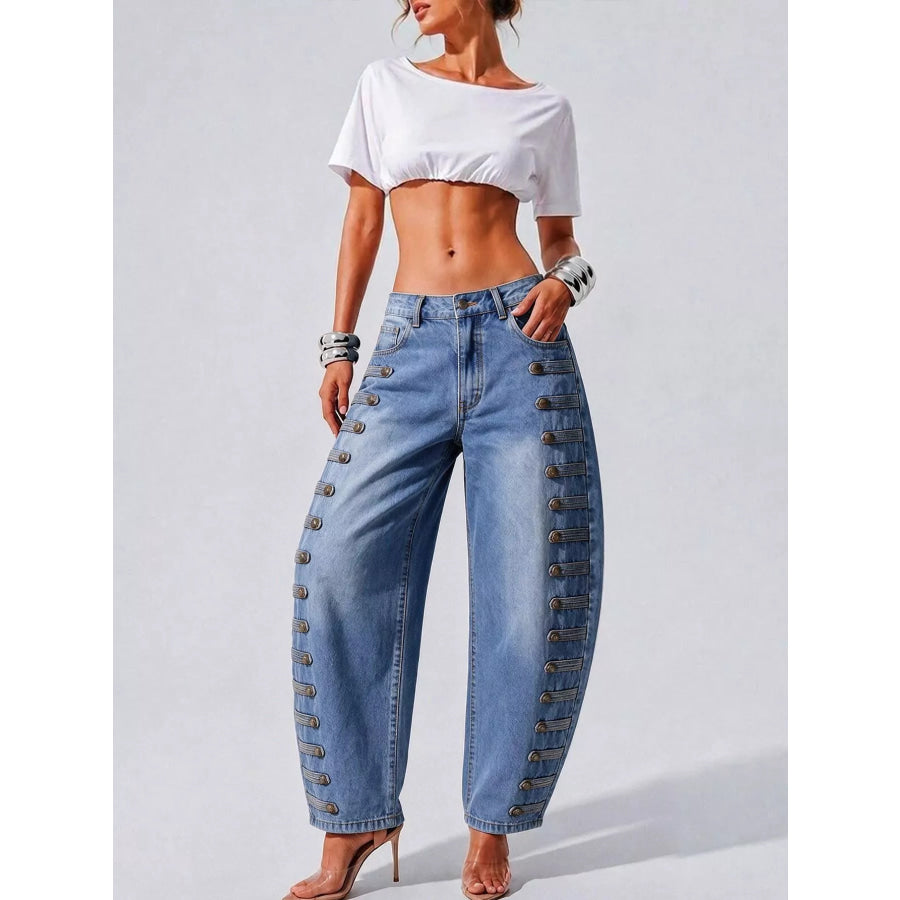 Decorative Button Wide Leg Jeans Apparel and Accessories