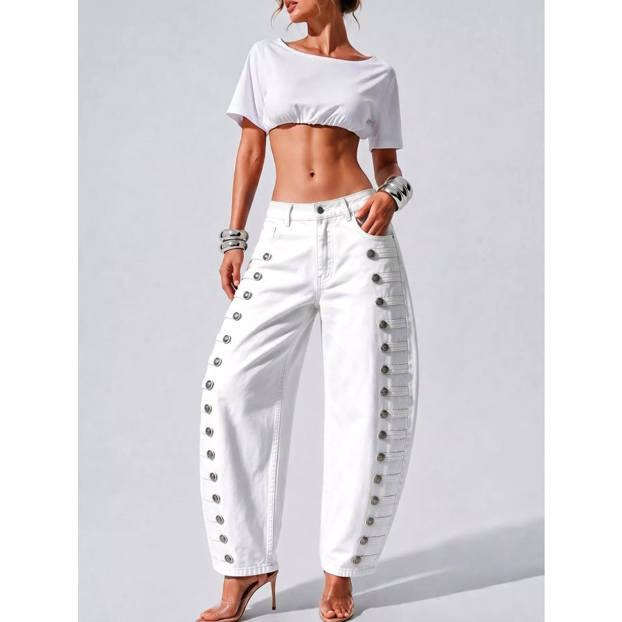 Decorative Button Wide Leg Jeans Apparel and Accessories