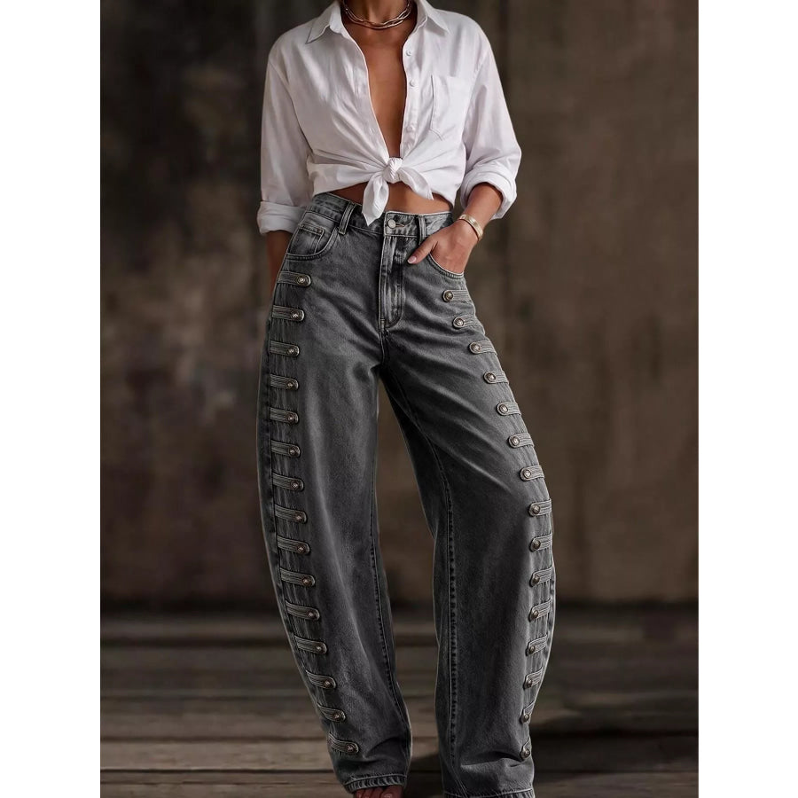 Decorative Button Wide Leg Jeans Apparel and Accessories