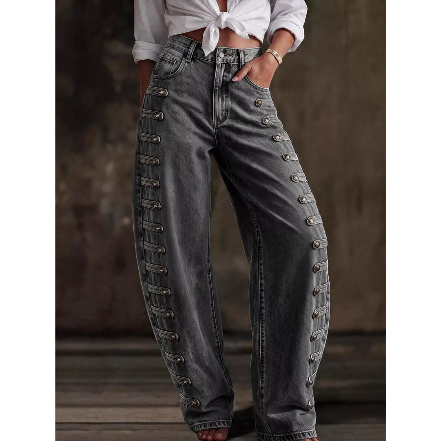 Decorative Button Wide Leg Jeans Apparel and Accessories
