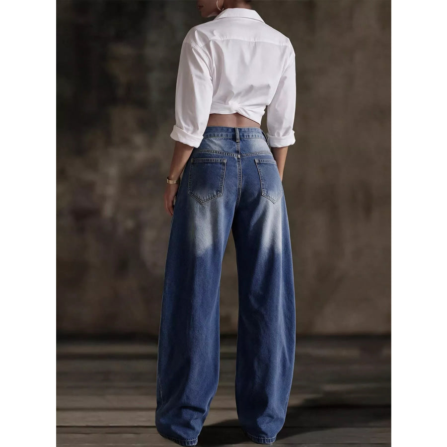 Decorative Button Wide Leg Jeans Apparel and Accessories