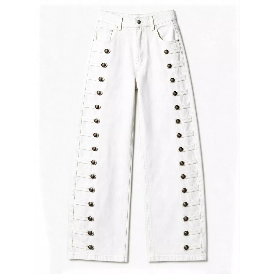 Decorative Button Wide Leg Jeans Apparel and Accessories