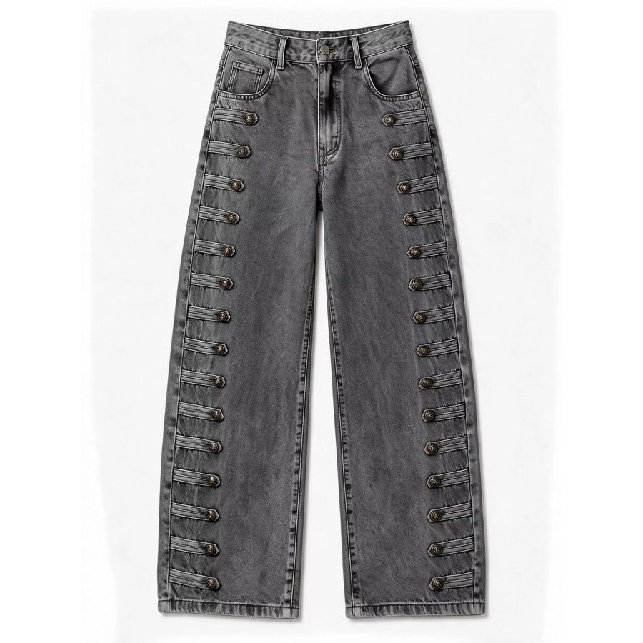 Decorative Button Wide Leg Jeans Apparel and Accessories