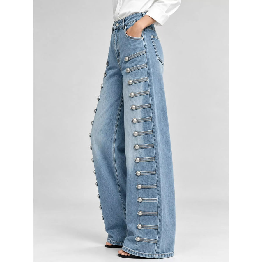 Decorative Button Wide-Leg Jeans Apparel and Accessories