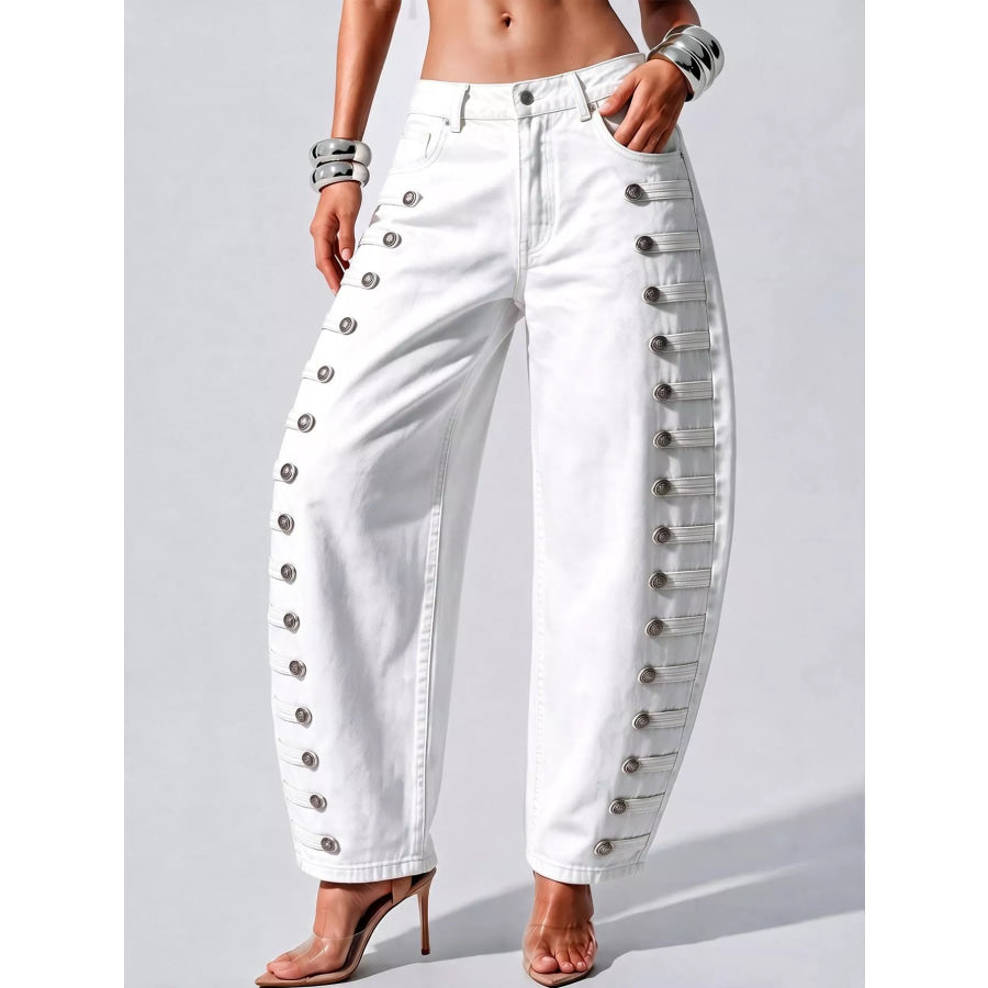 Decorative Button Wide Leg Jeans Apparel and Accessories