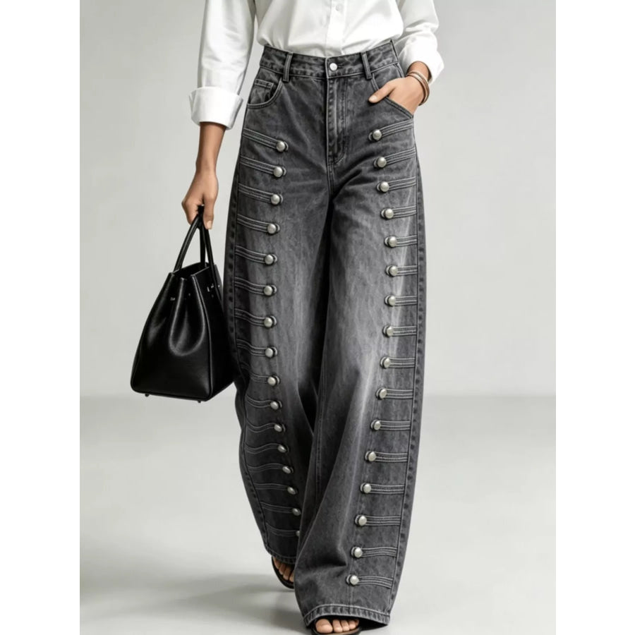 Decorative Button Wide-Leg Jeans Black / S Apparel and Accessories