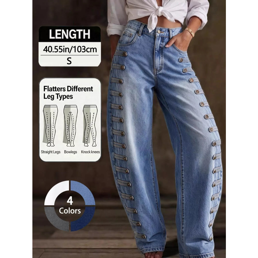 Decorative Button Wide Leg Jeans Blue / XS Apparel and Accessories