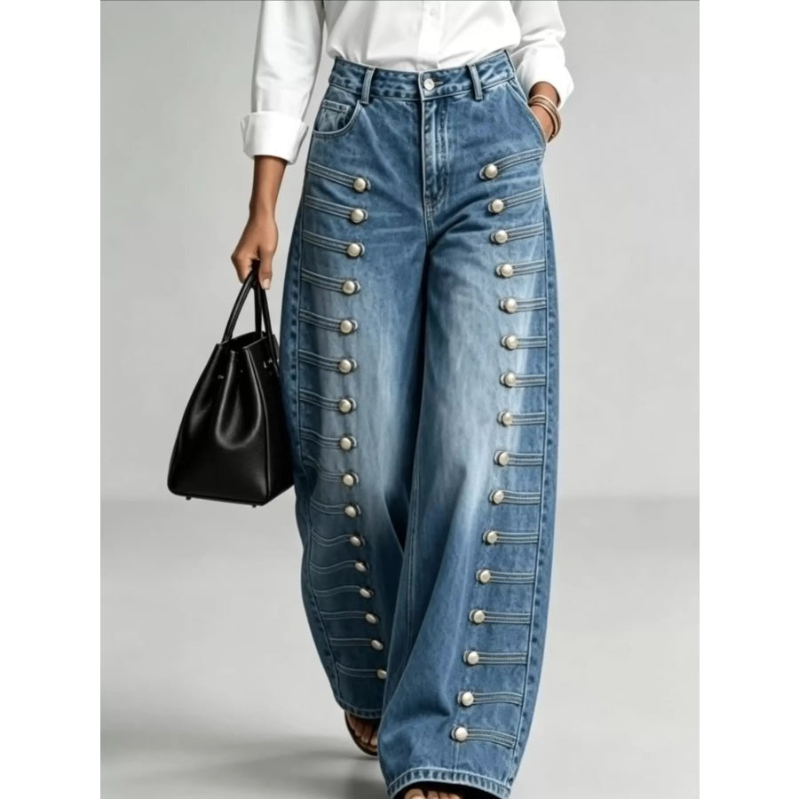 Decorative Button Wide-Leg Jeans Dark Blue / S Apparel and Accessories