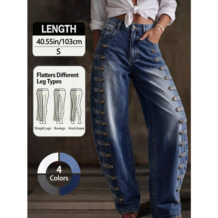 Decorative Button Wide Leg Jeans Dark Blue / XS Apparel and Accessories
