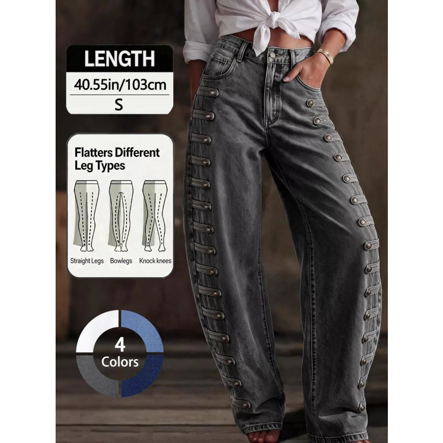 Decorative Button Wide Leg Jeans Dark Gray / XS Apparel and Accessories