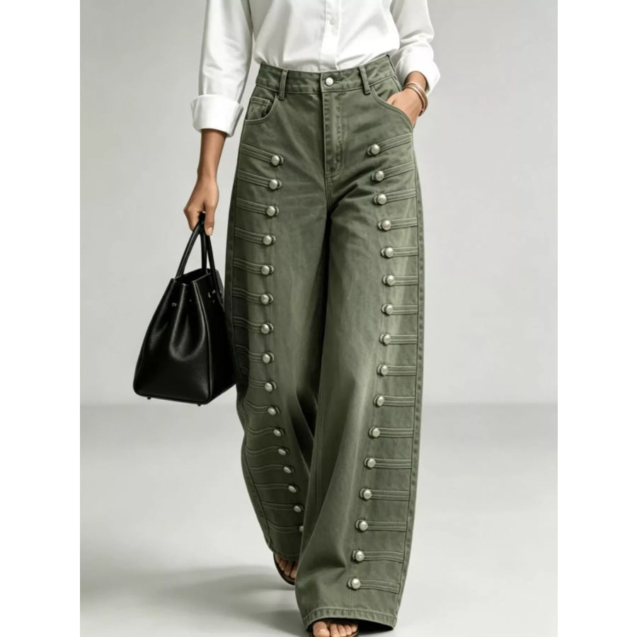 Decorative Button Wide-Leg Jeans Green / S Apparel and Accessories