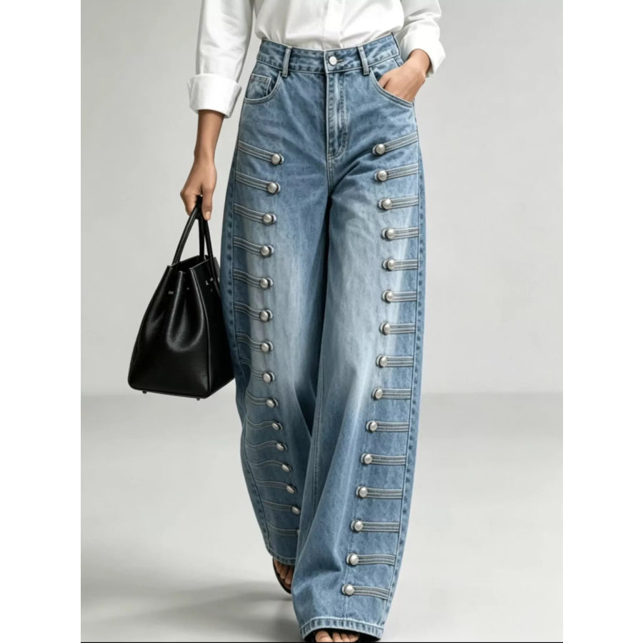 Decorative Button Wide-Leg Jeans Light Blue / S Apparel and Accessories