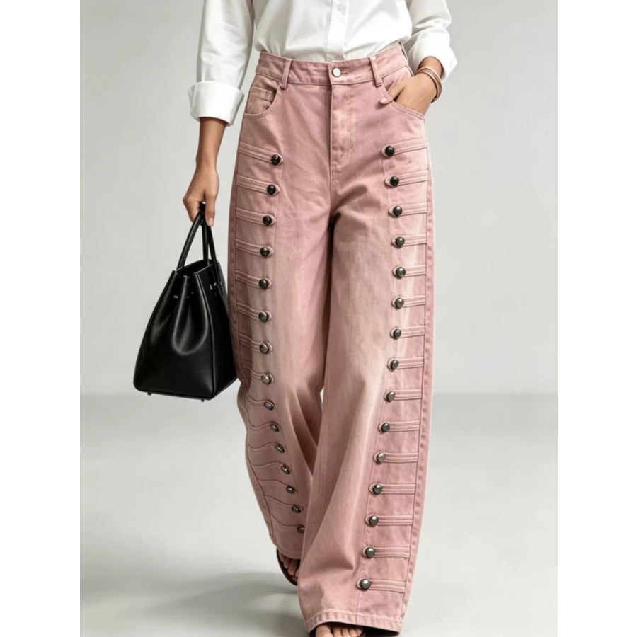 Decorative Button Wide-Leg Jeans Pink / S Apparel and Accessories