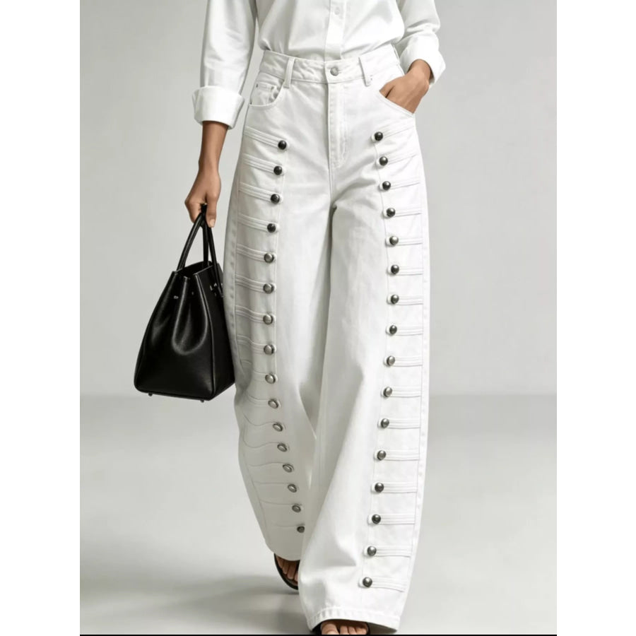 Decorative Button Wide-Leg Jeans White / S Apparel and Accessories