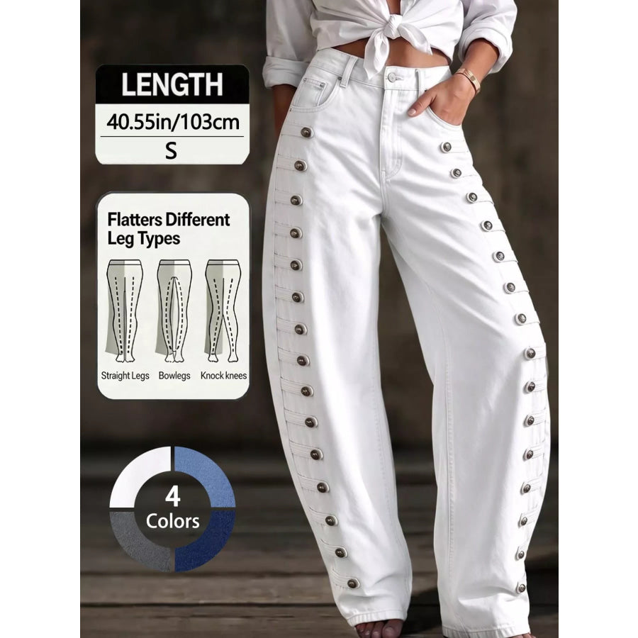 Decorative Button Wide Leg Jeans White / XS Apparel and Accessories