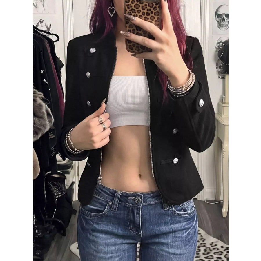 Decorative Button Zip Up Outerwear Apparel and Accessories