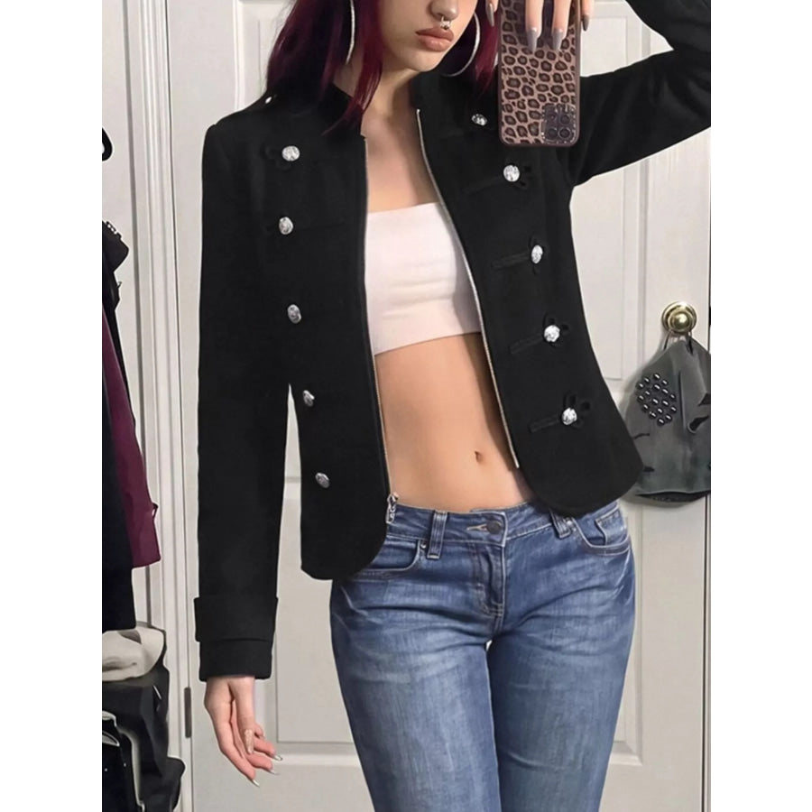 Decorative Button Zip Up Outerwear Apparel and Accessories
