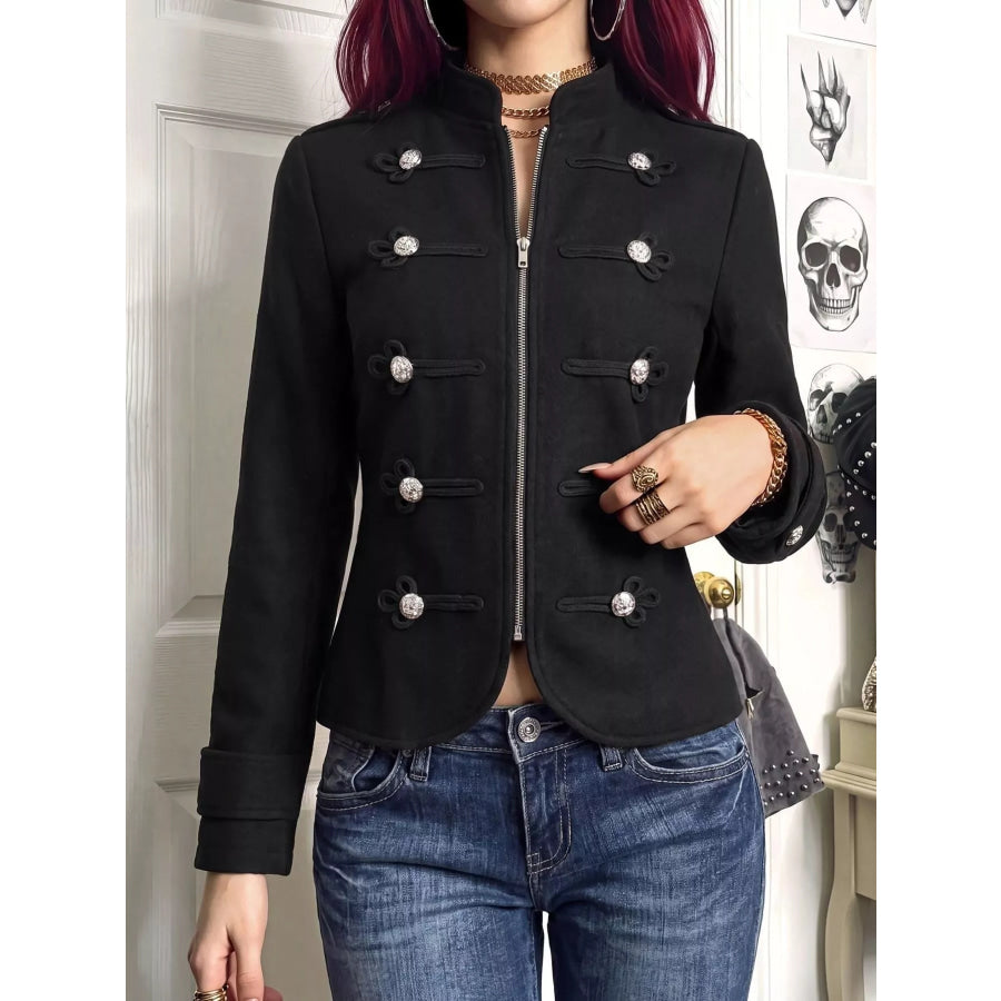 Decorative Button Zip Up Outerwear Apparel and Accessories