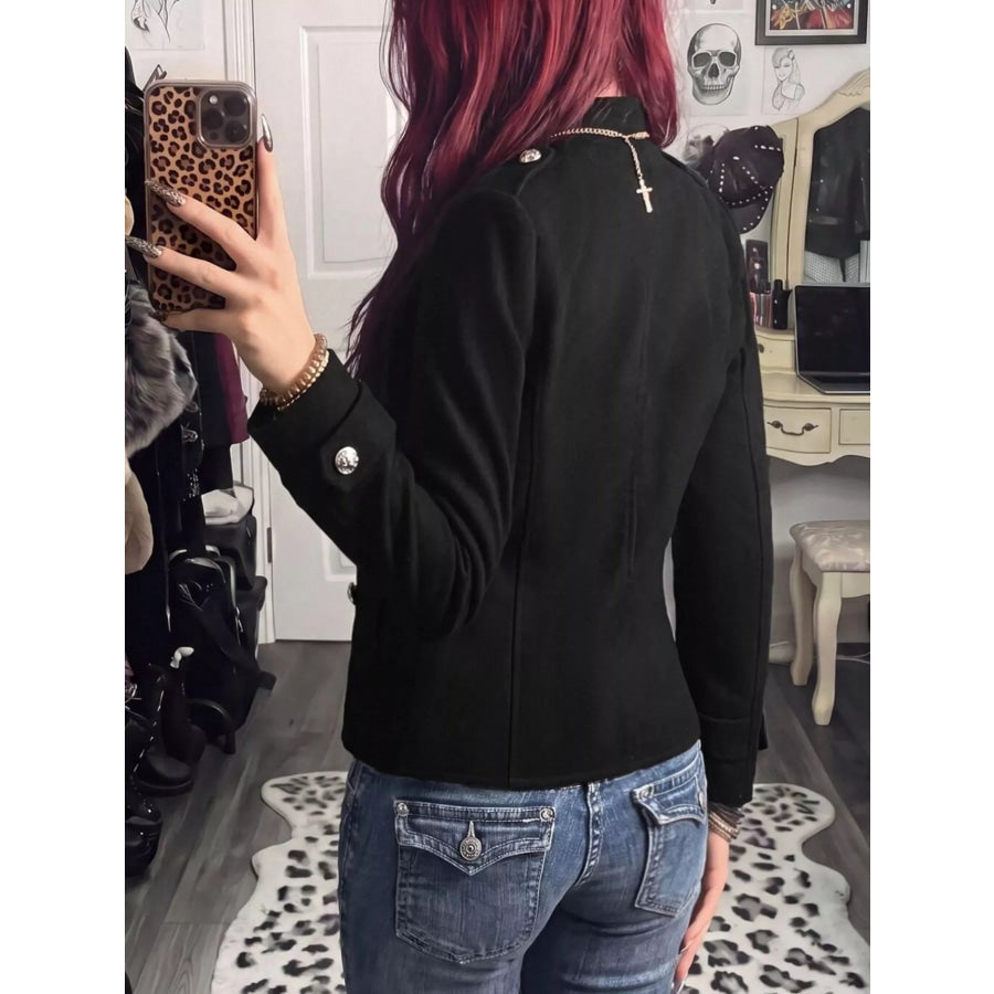 Decorative Button Zip Up Outerwear Apparel and Accessories