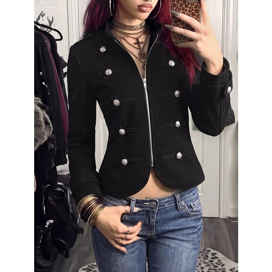 Decorative Button Zip Up Outerwear Black / S Apparel and Accessories