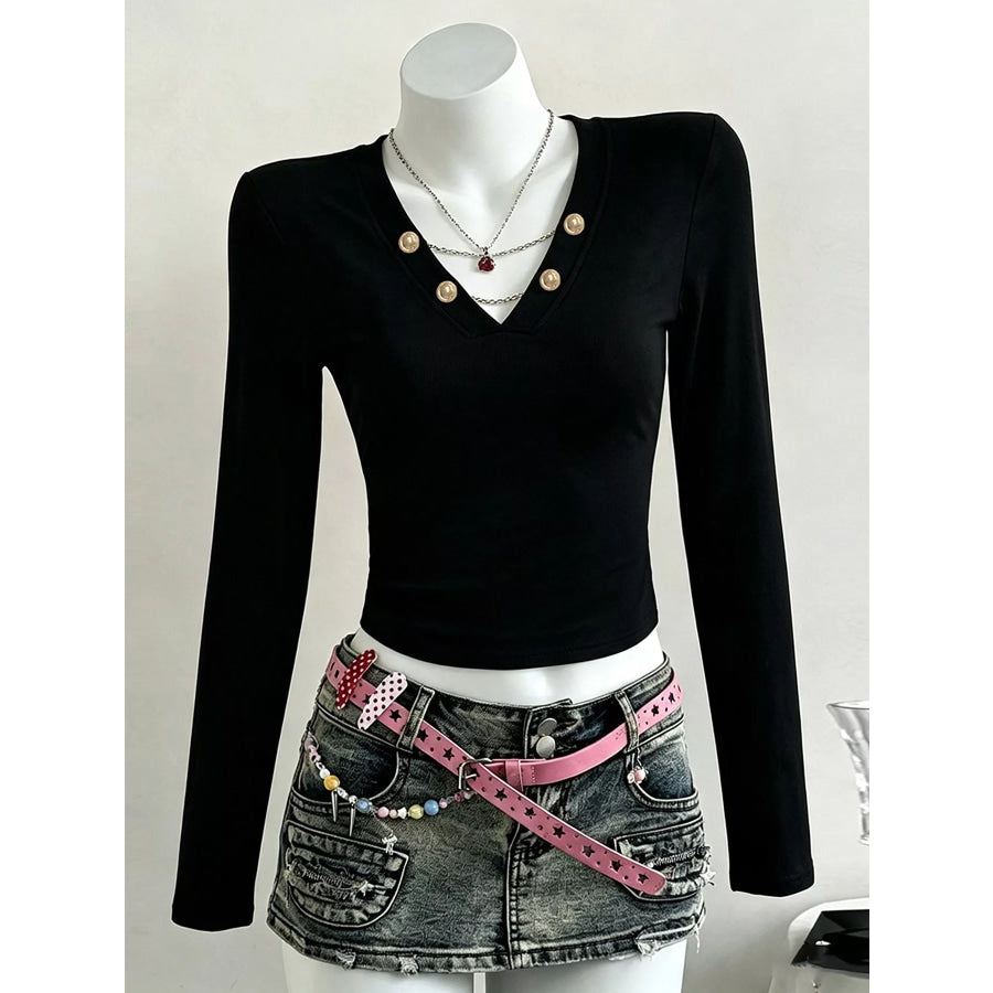 Decorative Pearl Buttons V-Neck Long Sleeve T-Shirt Apparel and Accessories