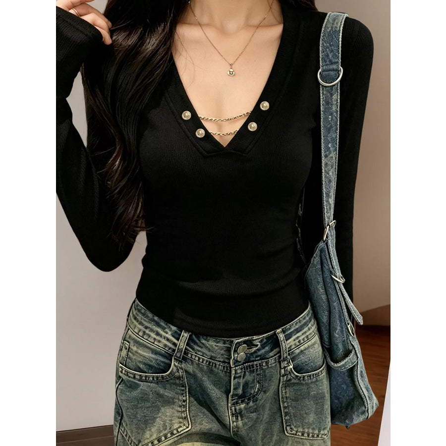 Decorative Pearl Buttons V-Neck Long Sleeve T-Shirt Apparel and Accessories
